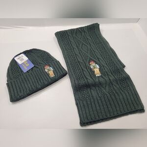 Polo Ralph Lauren Cable Knit Cashmere Hat & Scarf Set Hunter Green Polo Bear. M…
